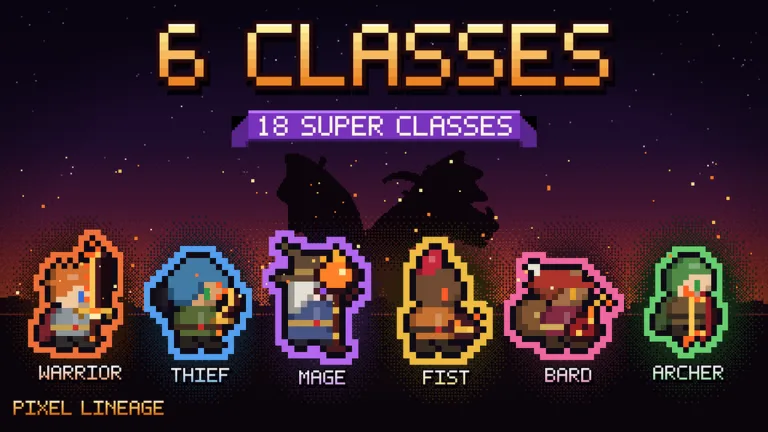 Pixel Lineage official art: the 6 classes Warrior, Thief, Mage, Fist, Bard and Archer, and 18 Super classes